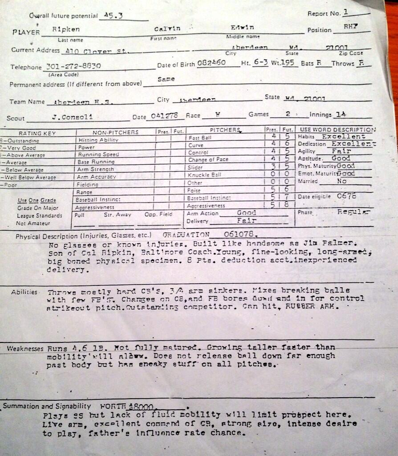 Illustration for article titled Very Cool: Cal Ripken Jr.'s High School Scouting Report As A Pitcher